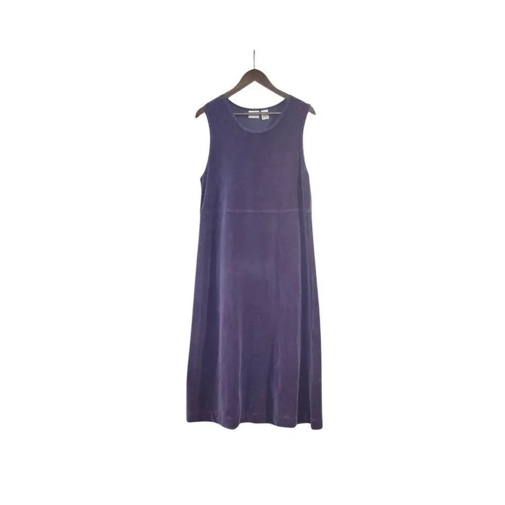 Vintage 90s L.L. Bean Dress Women's Medium Purple Velour Jumper Sleeveless Midi